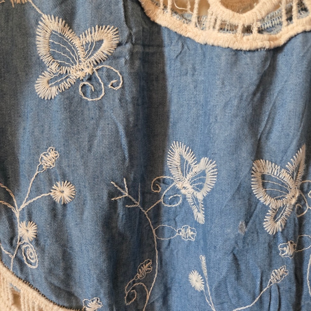 Cacia Womens 1X Boho Swim Coverup Blue Crochet Butterfly Embroidered Fringe - Picture 3 of 7